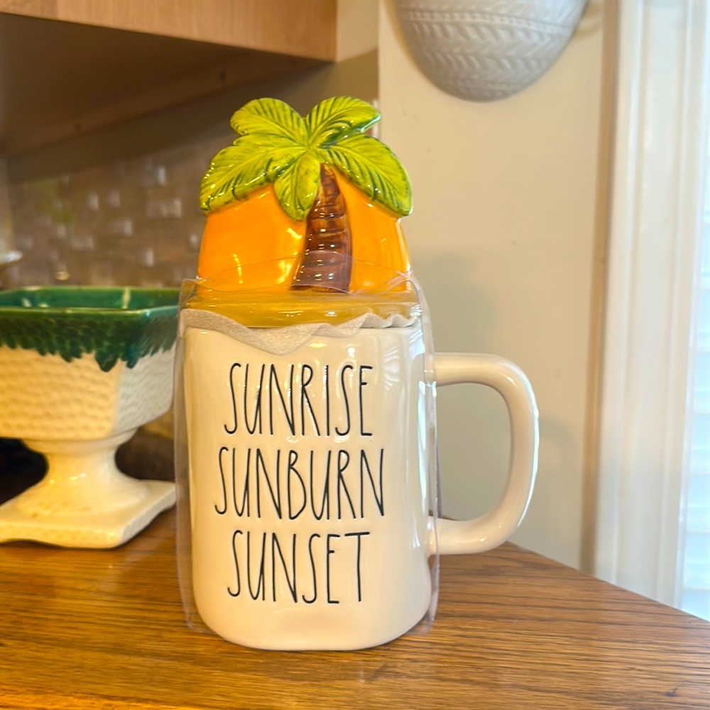 Rae Dunn SUNRISE SUNBURN SUNSET Ceramic Mug with Sun and Palm Tree Top 2 piece